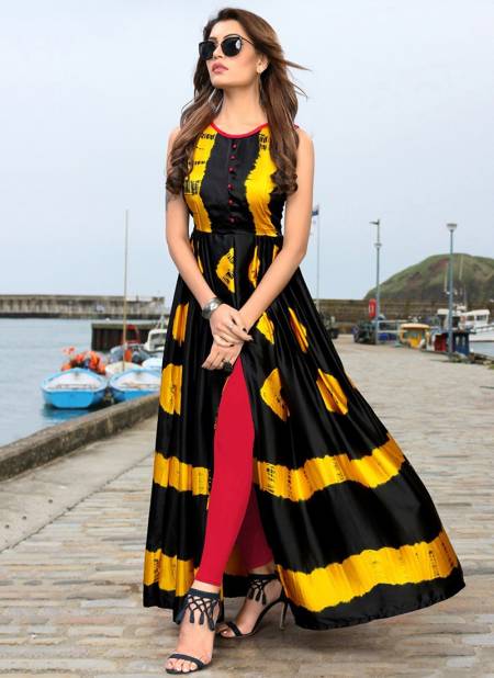 Black And Yellow Colour Arya 3Dr Gown 2 Fancy Designer Festive Wear Japan Sating Digital Printed Stylish Gown Collection Arya 01